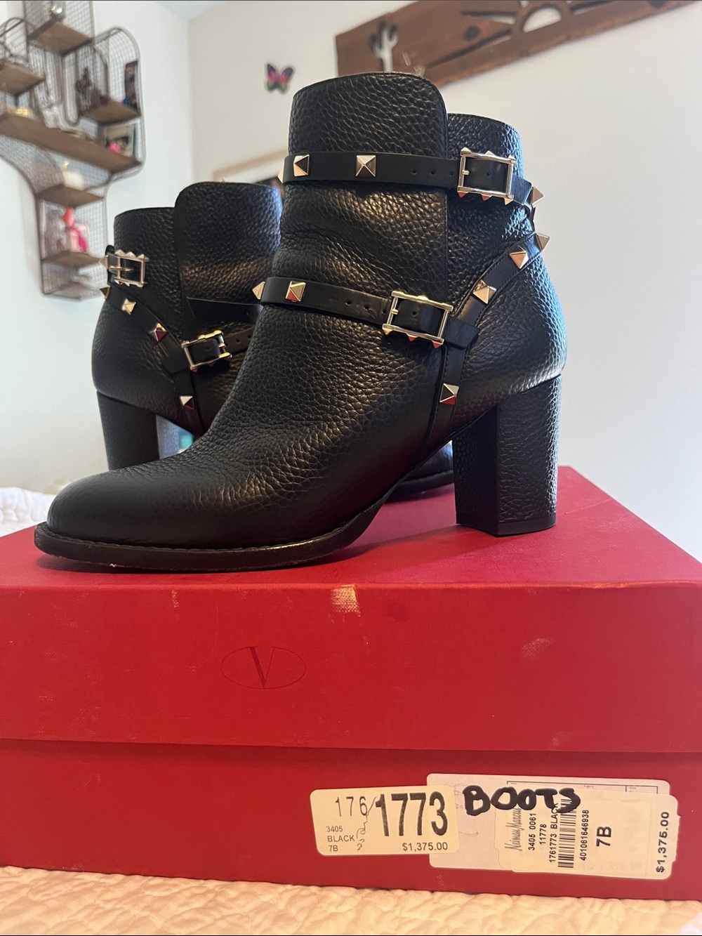 Valentino Black Pebbled Leather Studded Ankle Boots Size 37